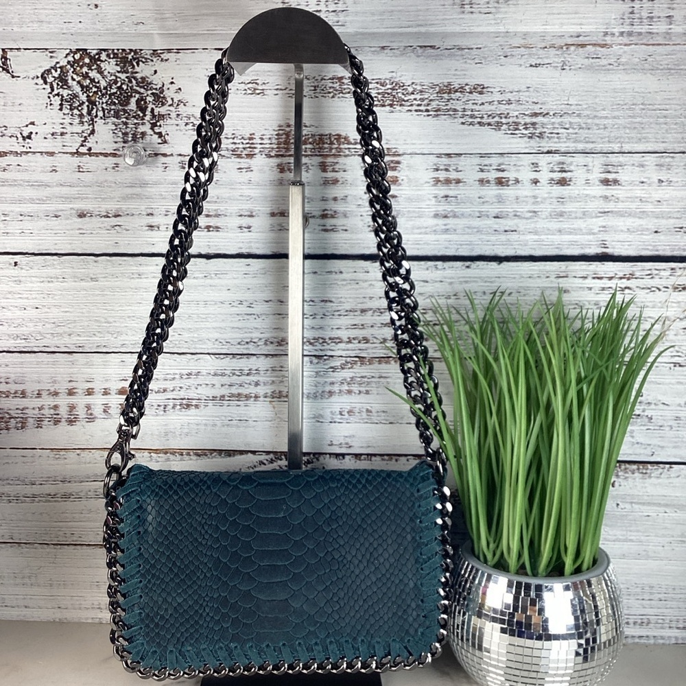 GENUINE ITALIAN LEATHER BAG TEAL BLUE‎ SHOULDER XBODY PURSE CHAIN MOCK SNAKE GUC